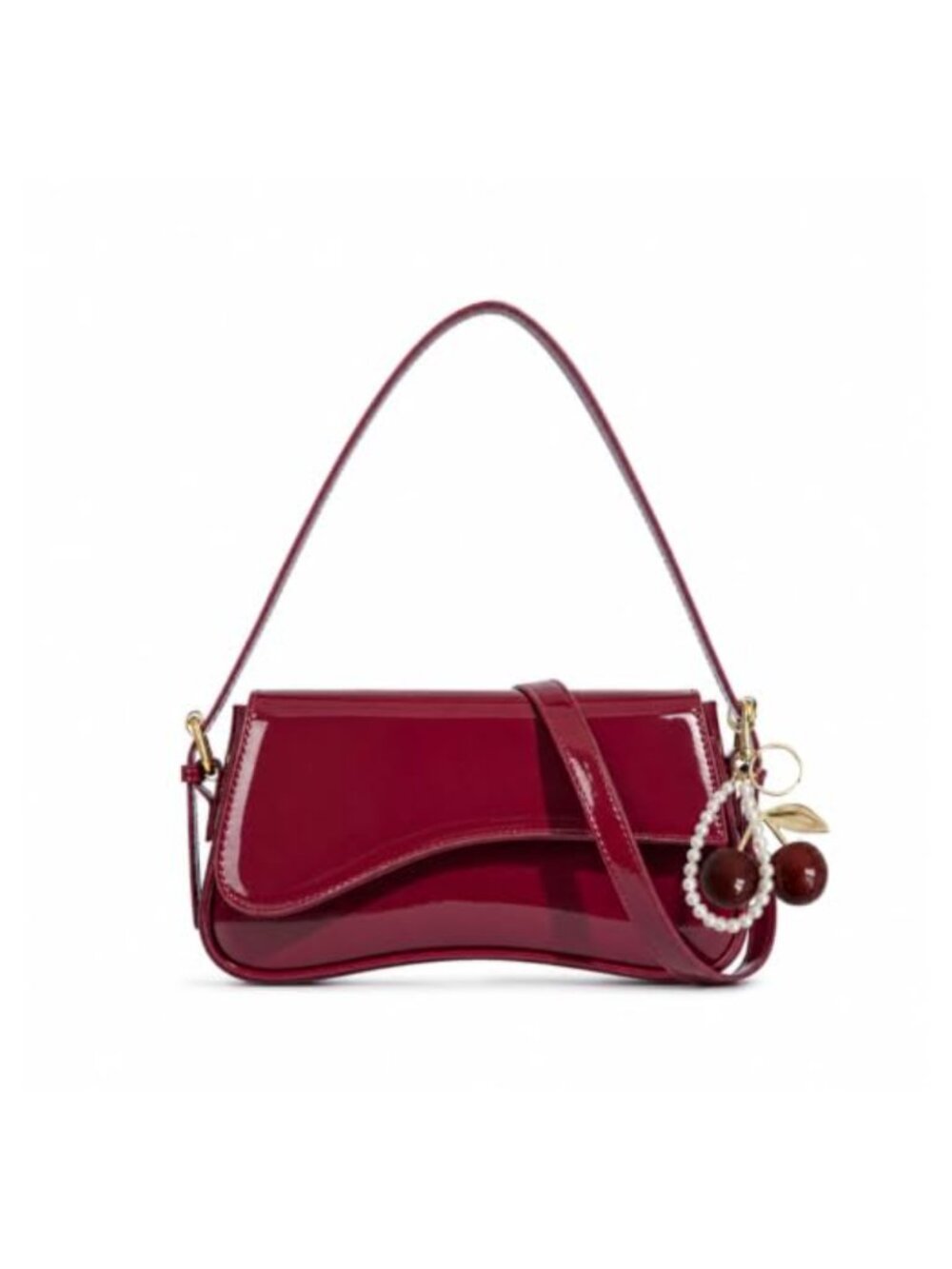 Y2K Wavy Arc Shoulder Bag Patent Leather Crossbody with Pendant Detachable